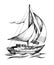 Sailing ship vector sketch isolated with waves.