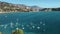 Sailing ship, yachts at sea. Aerial view of sailboat at calm day. Landscape of harbor, port in Nice. Cote d`Azur France. Villefra