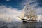 Sailing ships on the background of a very beautiful sky. Sailing. Luxury yacht.