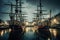 Sailing ships with lowered sails parked in the port at night. Ships at the pier