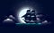 Sailing vessel. A battleship or galleon is floating in the wind. Against the background of stars and the full moon. Vector illustr