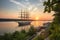 sailing vessel taking in the view of a picturesque seaport at sunset