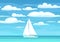 Sailing yacht. Calm blue sea. White single masted vessel with classic hull lines. Sky and clouds. View from afar. Flat