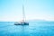 Sailing yacht catamaran in the sea in Greece, turquoise waters of Aegean Sea near Athens.