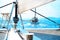Sailing yacht catamaran in the sea in Greece, turquoise waters of Aegean Sea near Athens