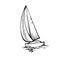 Sailing yacht floats on waves. Small ship for recreation and travel. Front view. Outline sketch. Hand drawing isolated