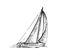 Sailing yacht floats on waves. Small ship for recreation and travel. Outline sketch. Hand drawing isolated on white