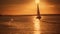 Sailing yacht glides on tranquil seas, back lit by sunset generated by AI