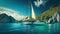 Sailing Yacht in paradise turquoise waters. Tropical sea landscape with boat. Generative AI