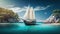 Sailing Yacht in paradise turquoise waters. Tropical sea landscape with boat. Generative AI