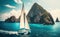 Sailing Yacht in paradise turquoise waters. Tropical sea landscape with boat. Generative AI