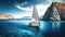 Sailing Yacht in paradise turquoise waters. Tropical sea landscape with boat. Generative AI