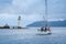 Sailing yacht passing Tobermory lighthouse