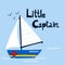 Sailing yacht poster. Cartoon hand drawn colorful sail childish print or card with lettering, water transport. Little captain kids