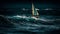 Sailing yacht races along the coastline, mast blurred in motion generated by AI