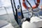 Sailing yacht rigging equipment: main sheet traveller block closeup