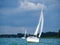 Sailing yacht or sailboat on full sails swims on a lake in a windy day