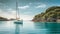 Sailing yacht or sailing ship near a small island with shallow turquoise transparent sea water beautiful underwater Coral reefs.