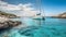 Sailing yacht or sailing ship near a small island with shallow turquoise transparent sea water beautiful underwater Coral reefs.