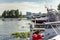 Sailing yachts, motorboats and boats moored to the pier on the yacht club