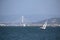 Sailingboat in front of the Golden Gate Bridge, San Francisco, California, USA