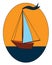 Sailnig boat with blue flag on blue water vector illustration in blue and yellow eclips