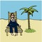 Sailor in blue vest and relaxing in a deckchair on the beach under a palm comic illustration