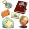 Sailor investigator in vintage style. Globe, diary, map, ladies travel suitcase, compass. Set of traveler attributes