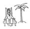 Sailor man in a suit rests on a wooden deck chair under a palm tree cartoon comic illustration