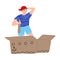 Sailor pirate kid playing holding sword on cardboard box ship. Vector illustration in cartoon style