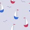 Sailor seamless pattern from cartoon sailboats, seagulls. Color vector on a striped background.