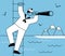 A sailor on a ship. Vector illustration in a flat style. A cartoon character looks at the shore through a telescope.