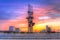 Sails monument on Baltic Sea square at sunset