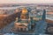 Sainr Isaac`s Cathedral at dawn evening sunset aerial view Saint Petersburg above Russia