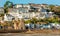 Saint Aubin town seashore view with Sacred heart of Jesus church,, bailiwick of Jersey, Channel Islands