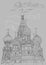 Saint Basils Cathedral of Kremlin Moscow, Russia vector hand drawing illustration in black and white colors on grey