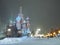 Saint Basils cathedral in Moscow. Color night photo taken at snowstorm