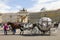 SAINT Beautiful carriage with a horse standing on Palace square among the many tourists in