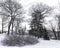 Saint-Felix-de-Valois church and its presbytery surrounded by trees and bushes in the Cap-Rouge area of Quebec City