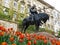 Saint George Killing the Dragon, Statue amongst Blooming Vibrant Color Tulips, Zagreb