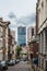 Saint Gilles, Brussels, Belgium -Typical Brussels sloped street with a view over residential houses and the Midi Tower with