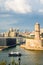 The Saint-Jean fort, the MuCEM and Villa Mediterranee buildings and Saint-Marie-Majeure cathedral under a stormy sky in Marseille