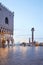 Saint Mark square and column with winged lion, early morning in Venice