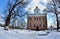 Saint Michael Church of Vydubychi Monastery complex in wintertime, Kyiv, Ukraine