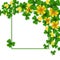 Saint Patrick Day border with green and gold four and tree Leaf clovers and golden coins on white background. Party