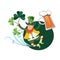 Saint Patrick day celebration, irish jig dancing leprechaun gnome holding beer jug and shamrocks