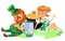 Saint patrick day characters, leprechaun and girl with mug of green beer, glass full alcohol ale, drunk man in cylinder