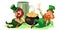 Saint patrick day characters, leprechaun with mug of green beer, glass full alcohol ale, drunk man in cylinder symbol of