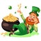 Saint patrick day characters, leprechaun with Red beard man in cylinder symbol of luck shamrock, cartoon elf sits near