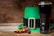 Saint Patrick day green leprechaun hat and big beer glass